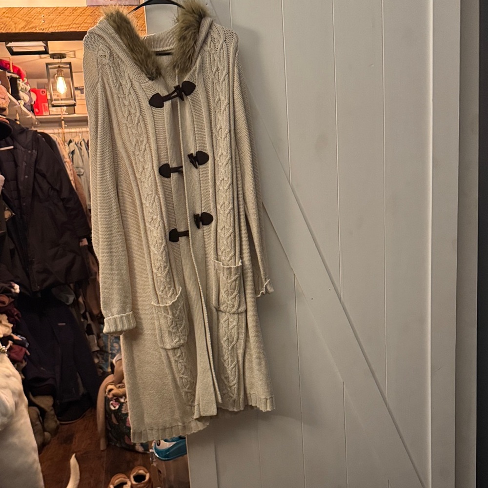 Old Navy Tan Cable Knit Cardigan with Faux Fur Hood - Picture 2 of 3